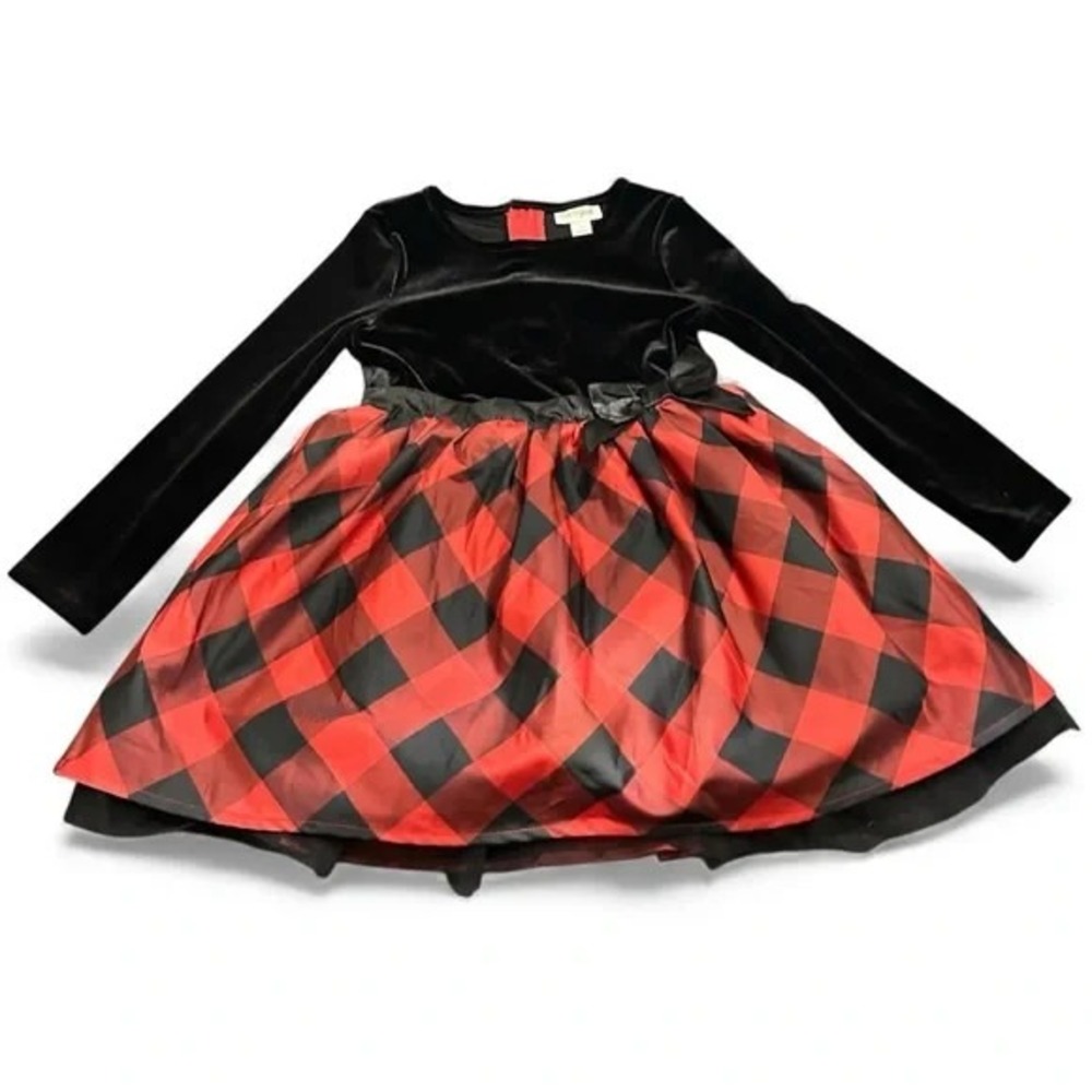 Cat & Jack Girls 5T Black Velvet Red Buffalo Plaid Holiday Christmas Dress